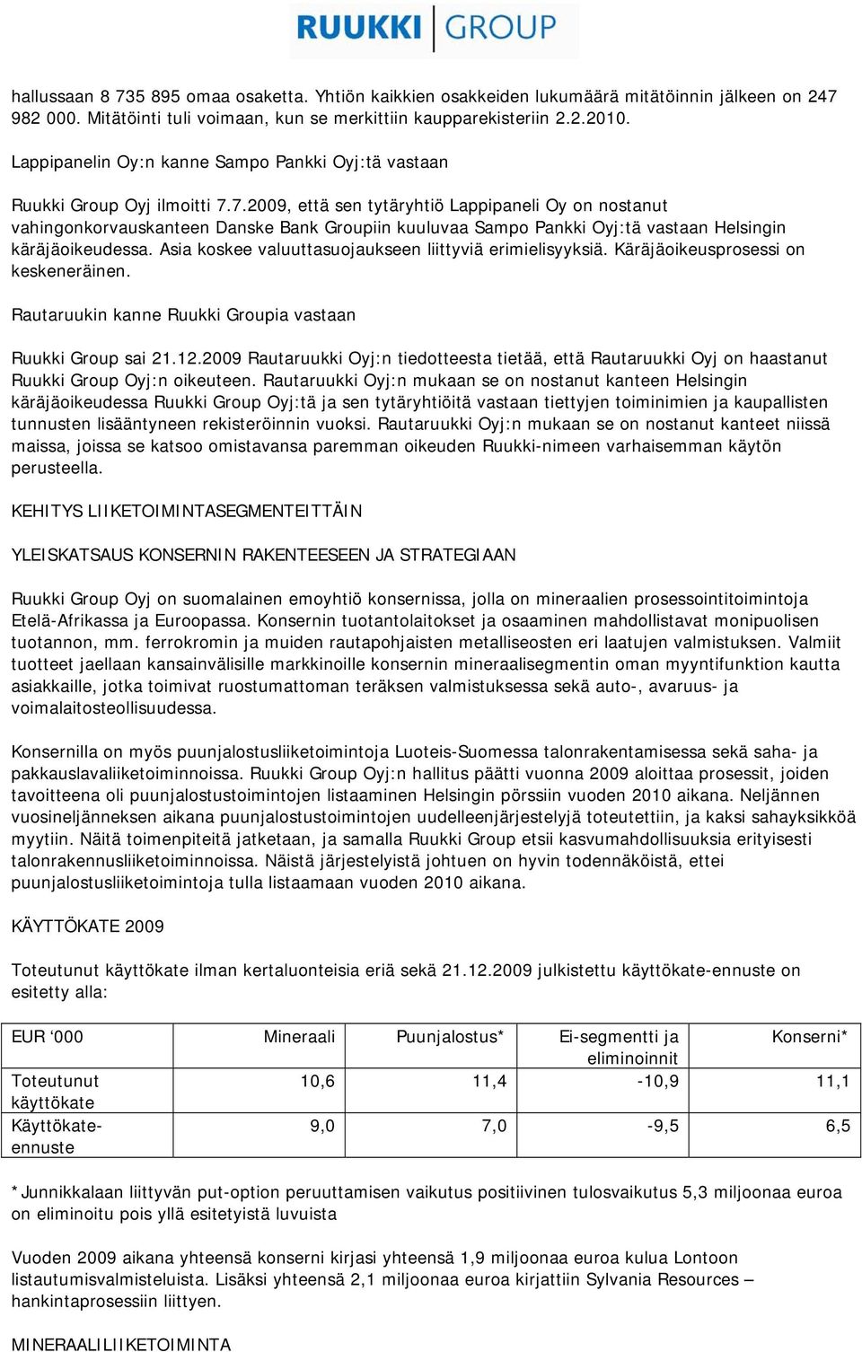 7.2009, että sen tytäryhtiö Lappipaneli Oy on nostanut vahingonkorvauskanteen Danske Bank Groupiin kuuluvaa Sampo Pankki Oyj:tä vastaan Helsingin käräjäoikeudessa.