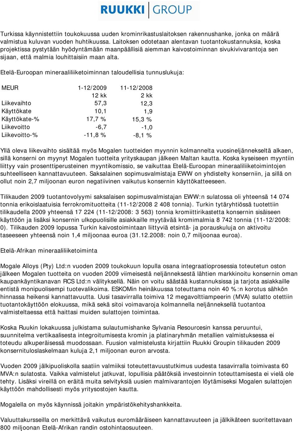 Etelä-Euroopan mineraaliliiketoiminnan taloudellisia tunnuslukuja: MEUR 1-12/2009 12 kk 11-12/2008 2 kk Liikevaihto 57,3 12,3 Käyttökate 10,1 1,9 Käyttökate-% 17,7 % 15,3 % Liikevoitto -6,7-1,0