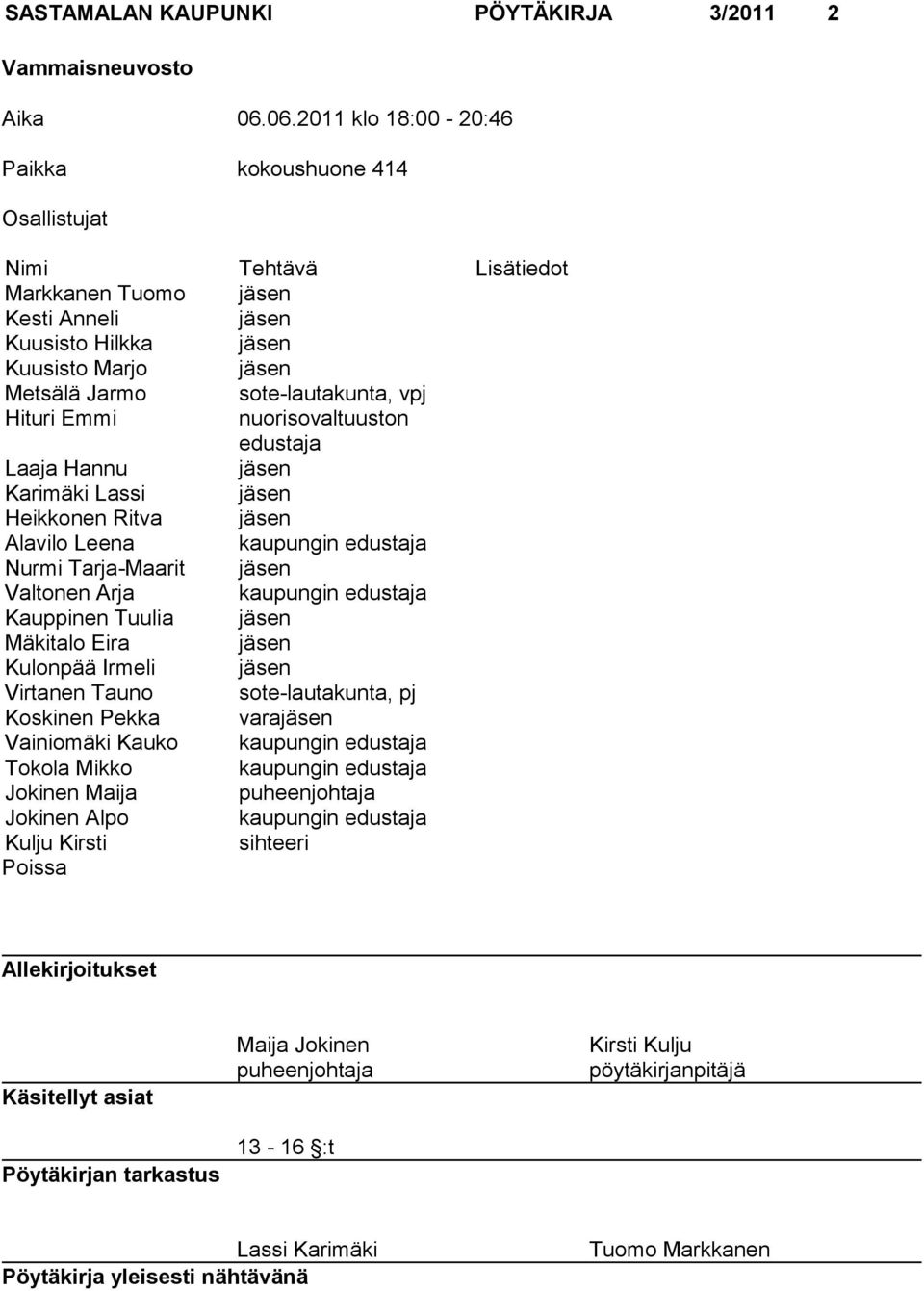 vpj Hituri Emmi nuorisovaltuuston edustaja Laaja Hannu jäsen Karimäki Lassi jäsen Heikkonen Ritva jäsen Alavilo Leena kaupungin edustaja Nurmi Tarja-Maarit jäsen Valtonen Arja kaupungin edustaja