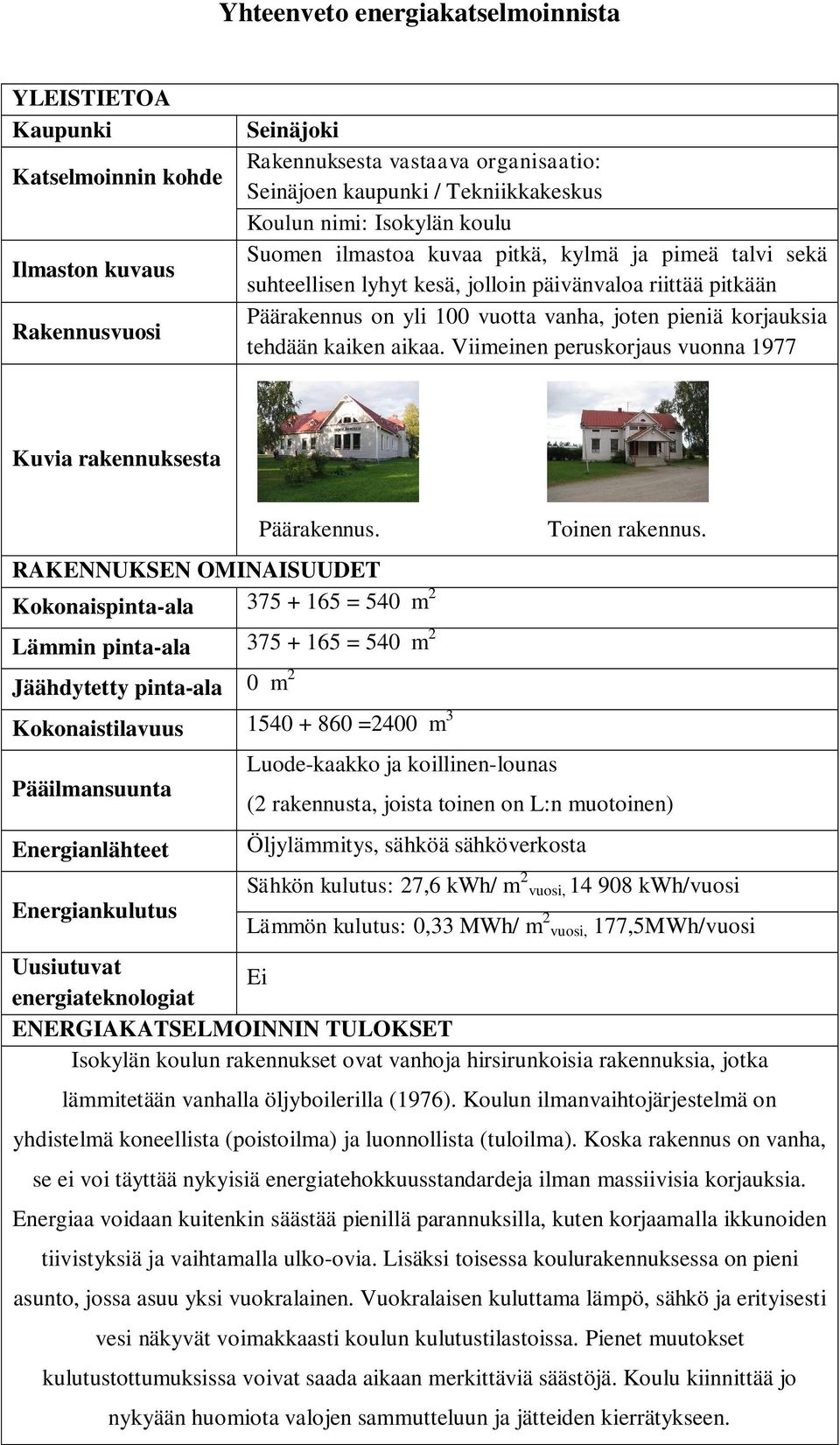 Kokonaispinta-ala 375 + 165 = 540 m 2 Lämmin pinta-ala 375 + 165 = 540 m 2 Kokonaistilavuus 1540 + 860 =2400 m 3 Luode-kaakko ja koillinen-lounas Toinen rakennus.