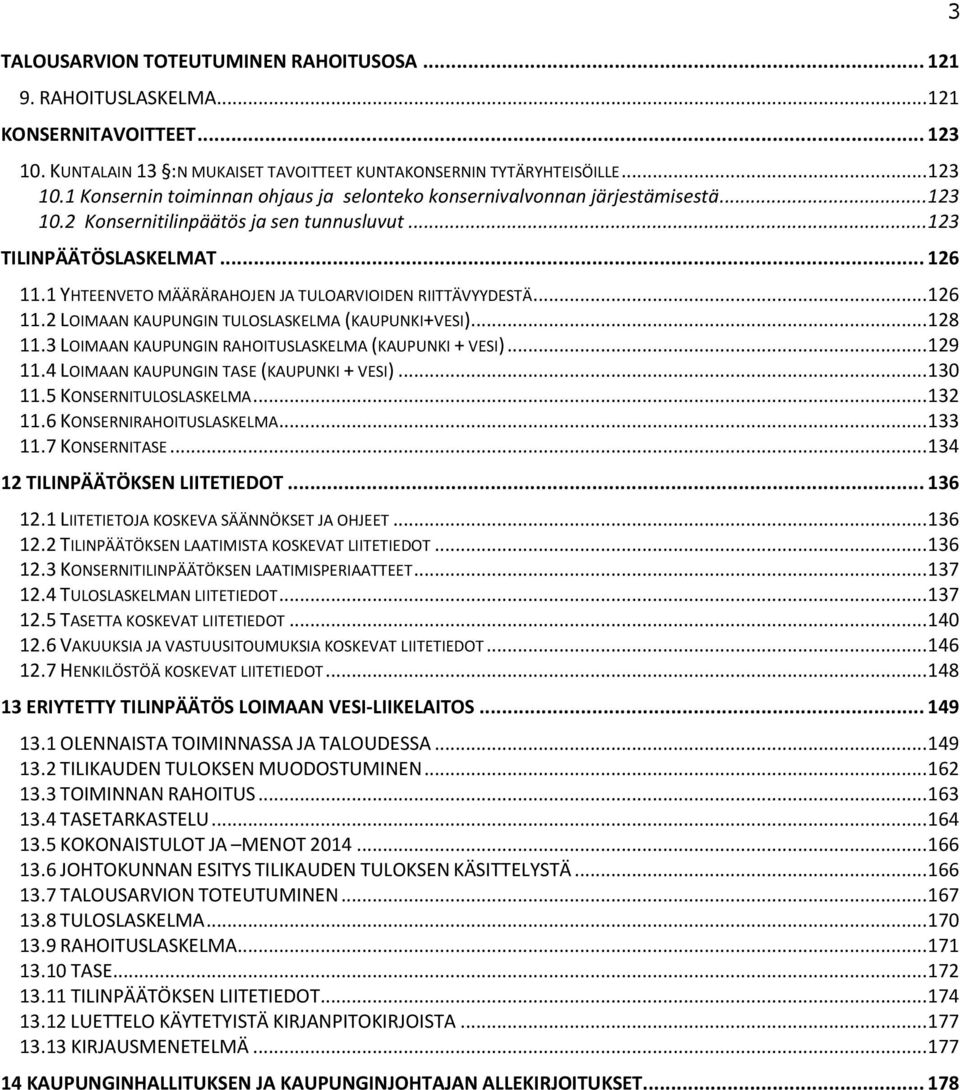 .. 128 11.3 LOIMAAN KAUPUNGIN RAHOITUSLASKELMA (KAUPUNKI + VESI)... 129 11.4 LOIMAAN KAUPUNGIN TASE (KAUPUNKI + VESI)... 130 11.5 KONSERNITULOSLASKELMA... 132 11.6 KONSERNIRAHOITUSLASKELMA... 133 11.