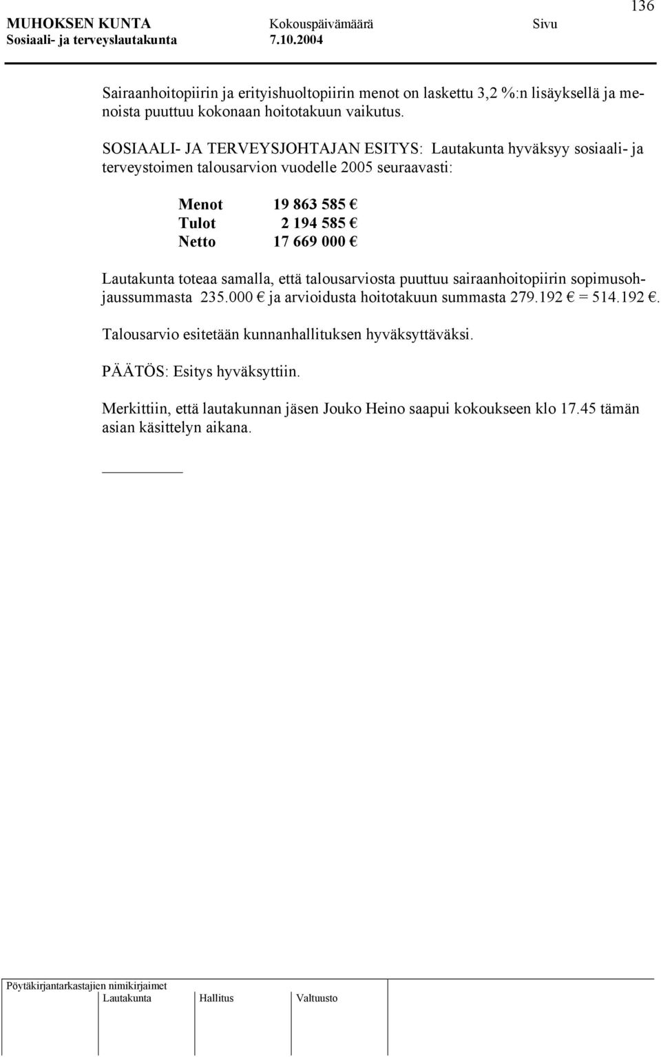 17 669 000 Lautakunta toteaa samalla, että talousarviosta puuttuu sairaanhoitopiirin sopimusohjaussummasta 235.000 ja arvioidusta hoitotakuun summasta 279.192 = 514.