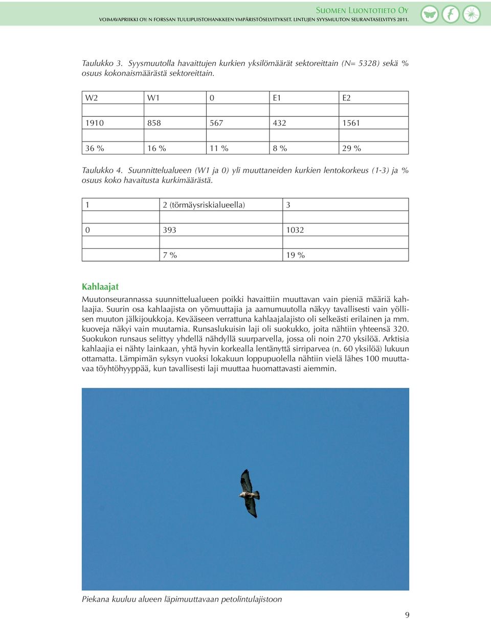 1 2 (törmäysriskialueella) 3 0 393 1032 7 % 19 % Kahlaajat Muutonseurannassa suunnittelualueen poikki havaittiin muuttavan vain pieniä määriä kahlaajia.