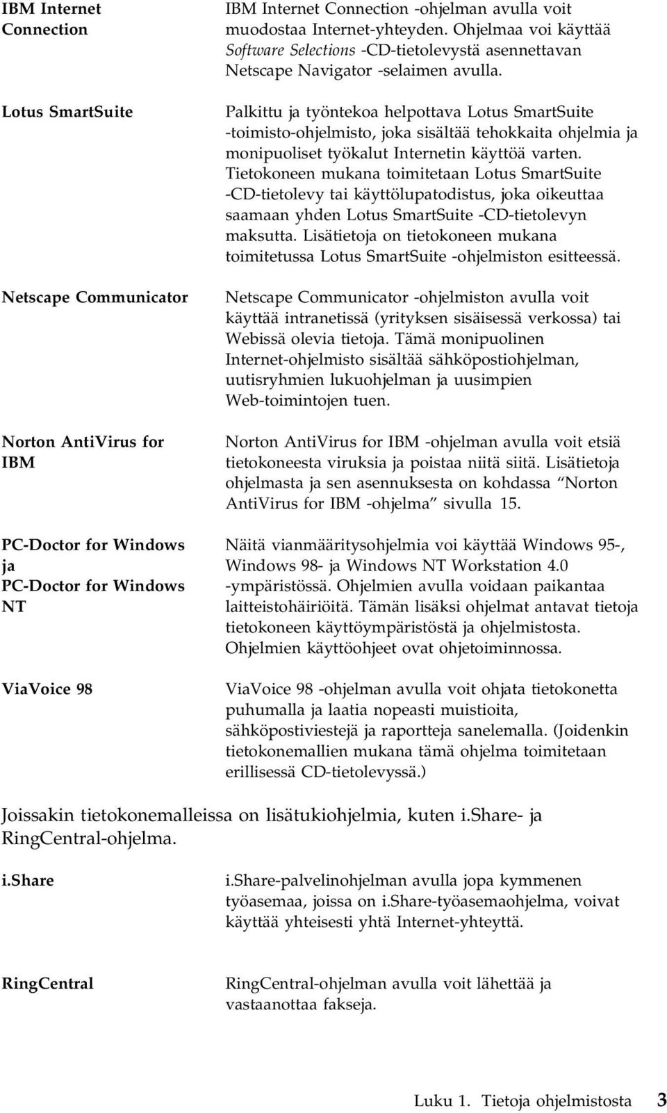 Palkittu ja työntekoa helpottava Lotus SmartSuite -toimisto-ohjelmisto, joka sisältää tehokkaita ohjelmia ja monipuoliset työkalut Internetin käyttöä varten.