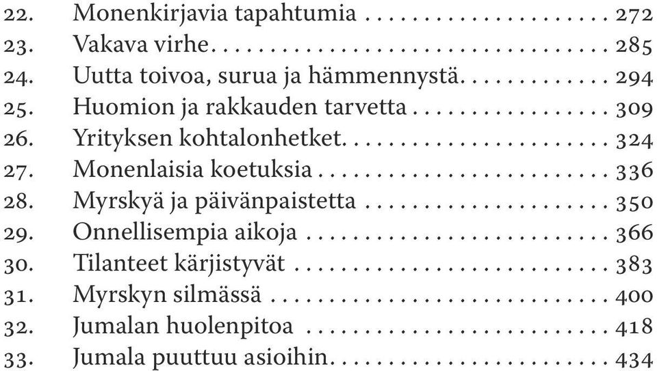 Monenlaisia koetuksia...336 28. Myrskyä ja päivänpaistetta...350 29. Onnellisempia aikoja...366 30.