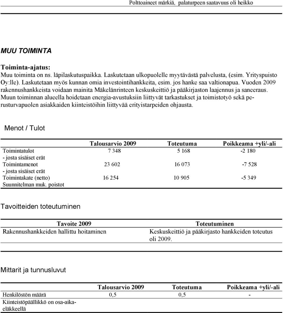 Vuoden 2009 rakennushankkeista voidaan mainita Mäkelänrinteen keskuskeittiö ja pääkirjaston laajennus ja saneeraus.