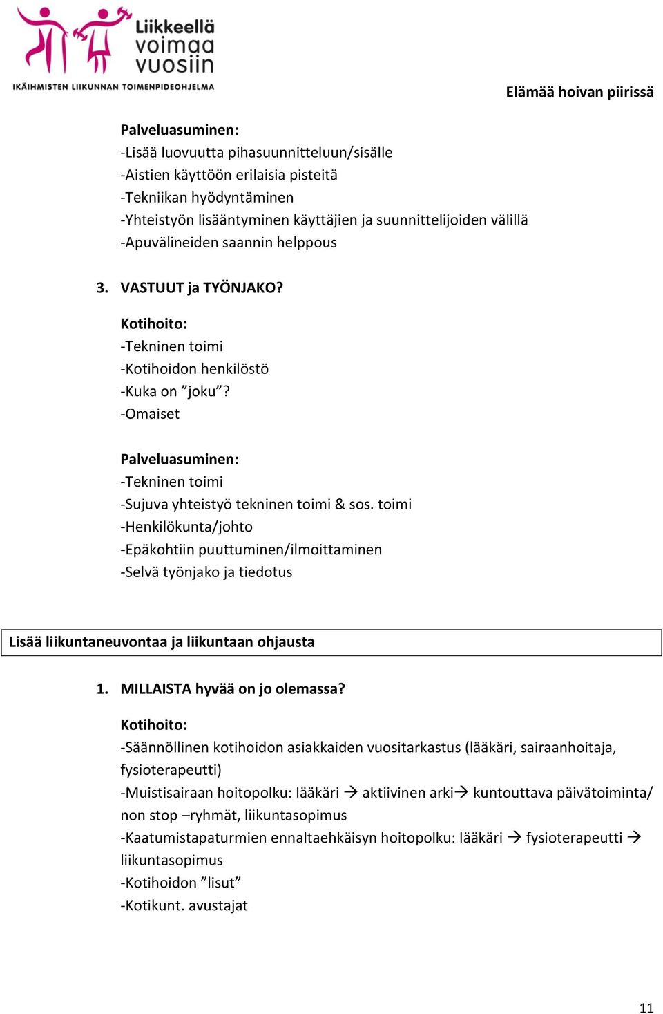 toimi -Henkilökunta/johto -Epäkohtiin puuttuminen/ilmoittaminen -Selvä työnjako ja tiedotus Lisää liikuntaneuvontaa ja liikuntaan ohjausta -Säännöllinen kotihoidon asiakkaiden vuositarkastus