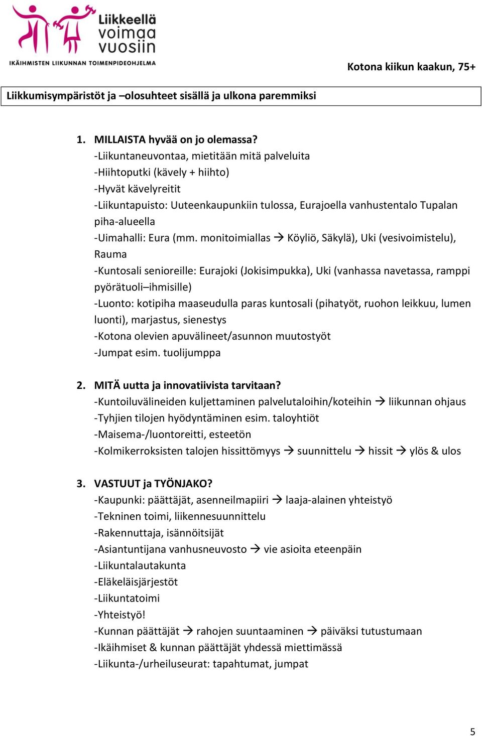 monitoimiallas Köyliö, Säkylä), Uki (vesivoimistelu), Rauma -Kuntosali senioreille: Eurajoki (Jokisimpukka), Uki (vanhassa navetassa, ramppi pyörätuoli ihmisille) -Luonto: kotipiha maaseudulla paras