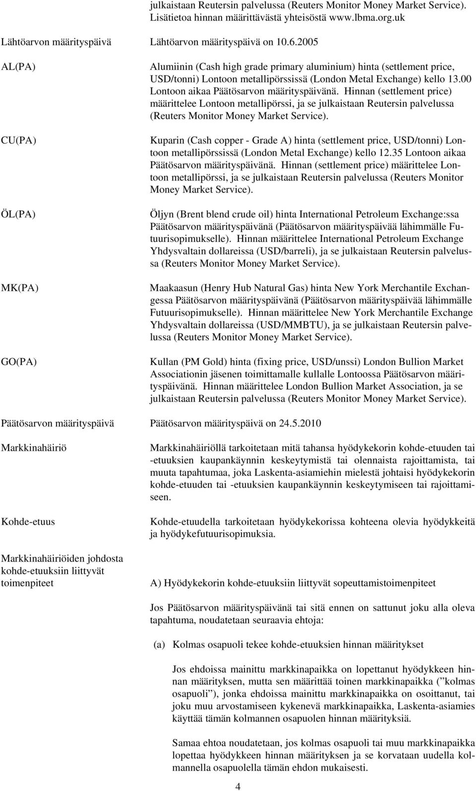 00 Lontoon aikaa Päätösarvon määrityspäivänä. Hinnan (settlement price) määrittelee Lontoon metallipörssi, ja se julkaistaan Reutersin palvelussa (Reuters Monitor Money Market Service).