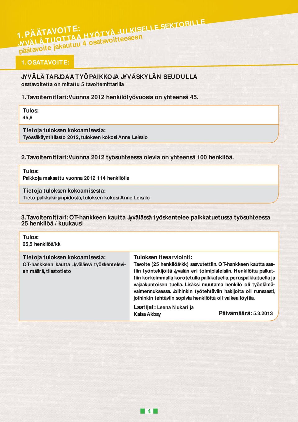 45,8 Työssäkäyntitilasto 2012, tuloksen kokosi Anne Leisalo 2. Tavoitemittari: Vuonna 2012 työsuhteessa olevia on yhteensä 100 henkilöä.