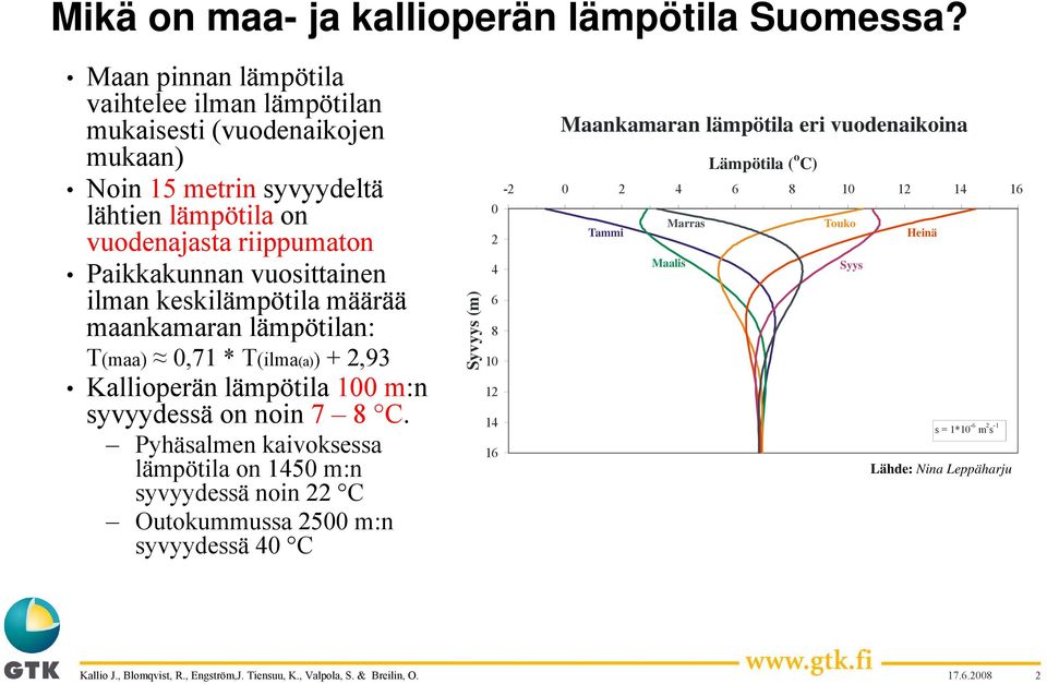 vuosittainen ilman keskilämpötila määrää maankamaran lämpötilan: T(maa) 0,71 * T(ilma(a)) + 2,93 Kallioperän lämpötila 100 m:n syvyydessä on noin 7 8 C.