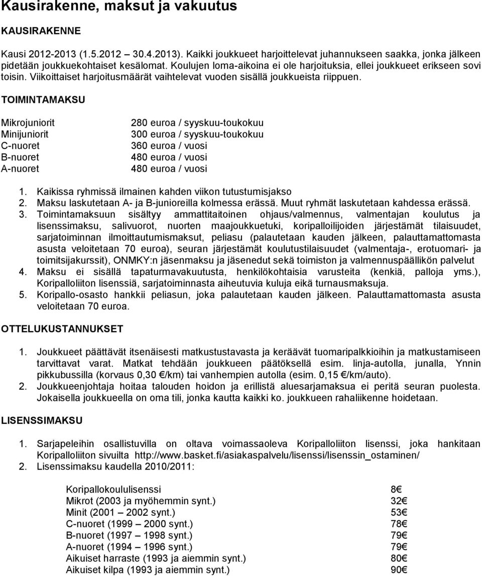 TOIMINTAMAKSU Mikrojuniorit Minijuniorit C-nuoret B-nuoret A-nuoret 280 euroa / syyskuu-toukokuu 300 euroa / syyskuu-toukokuu 360 euroa / vuosi 480 euroa / vuosi 480 euroa / vuosi 1.