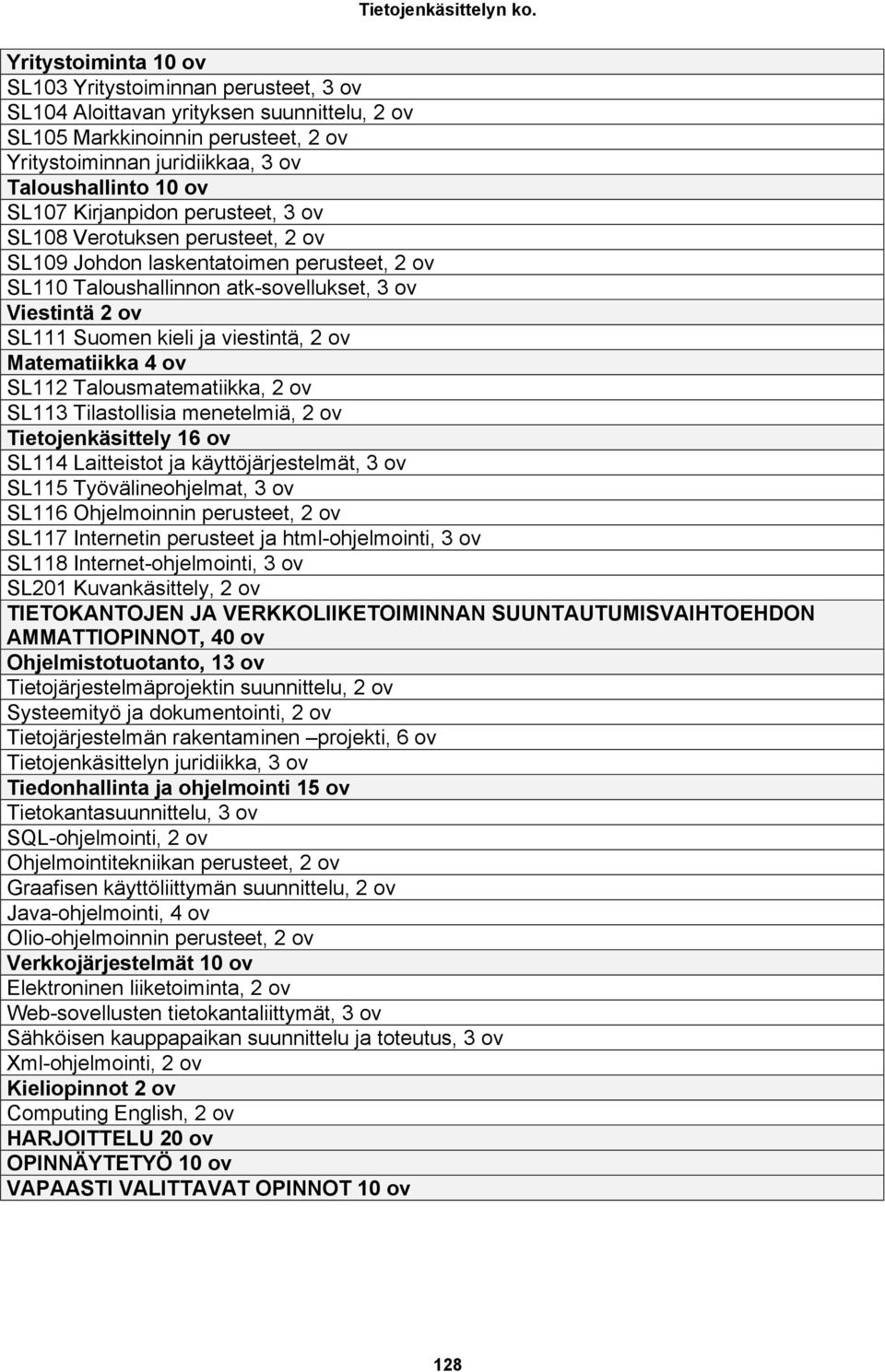 viestintä, 2 ov Matematiikka 4 ov SL112 Talousmatematiikka, 2 ov SL113 Tilastollisia menetelmiä, 2 ov Tietojenkäsittely 16 ov SL114 Laitteistot ja käyttöjärjestelmät, 3 ov SL115 Työvälineohjelmat, 3