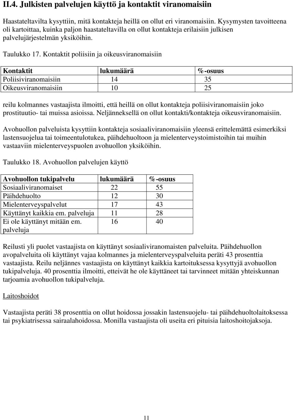 Kontaktit poliisiin ja oikeusviranomaisiin Kontaktit lukumäärä %-osuus Poliisiviranomaisiin 14 35 Oikeusviranomaisiin 10 25 reilu kolmannes vastaajista ilmoitti, että heillä on ollut kontakteja