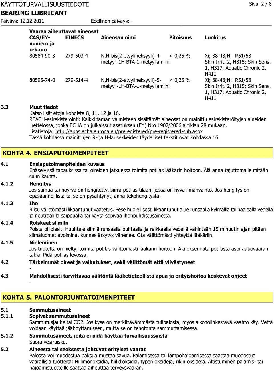 1, H317; Aquatic Chronic 2, 80595740 2795144 N,Nbis(2etyyliheksyyli)5 metyyli1hbta1metyyliamiini H411 < 0,25 % Xi; 3843;N; R51/53 Skin Irrit. 2, H315; Skin Sens. 1, H317; Aquatic Chronic 2, H411 3.