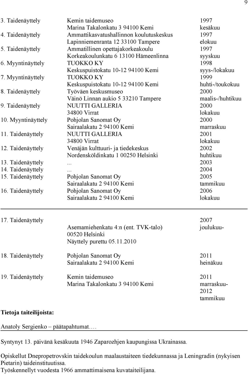 Myyntinäyttely TUOKKO KY 1999 Keskuspuistokatu 10-12 94100 Kemi huhti-/toukokuu 8. Taidenäyttely Työväen keskusmuseo 2000 Väinö Linnan aukio 5 33210 Tampere maalis-/huhtikuu 9.