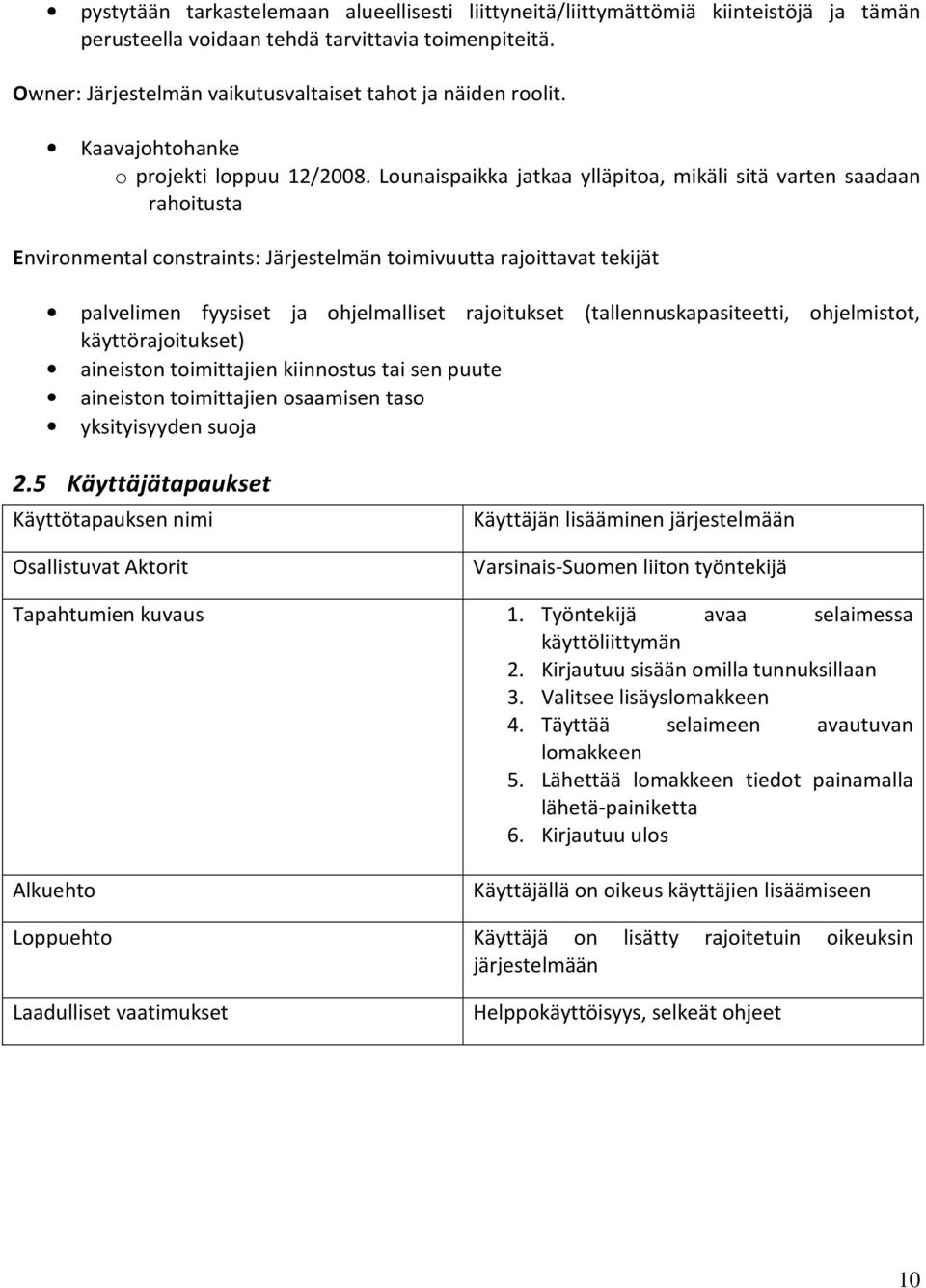 Lounaispaikka jatkaa ylläpitoa, mikäli sitä varten saadaan rahoitusta Environmental constraints: Järjestelmän toimivuutta rajoittavat tekijät palvelimen fyysiset ja ohjelmalliset rajoitukset