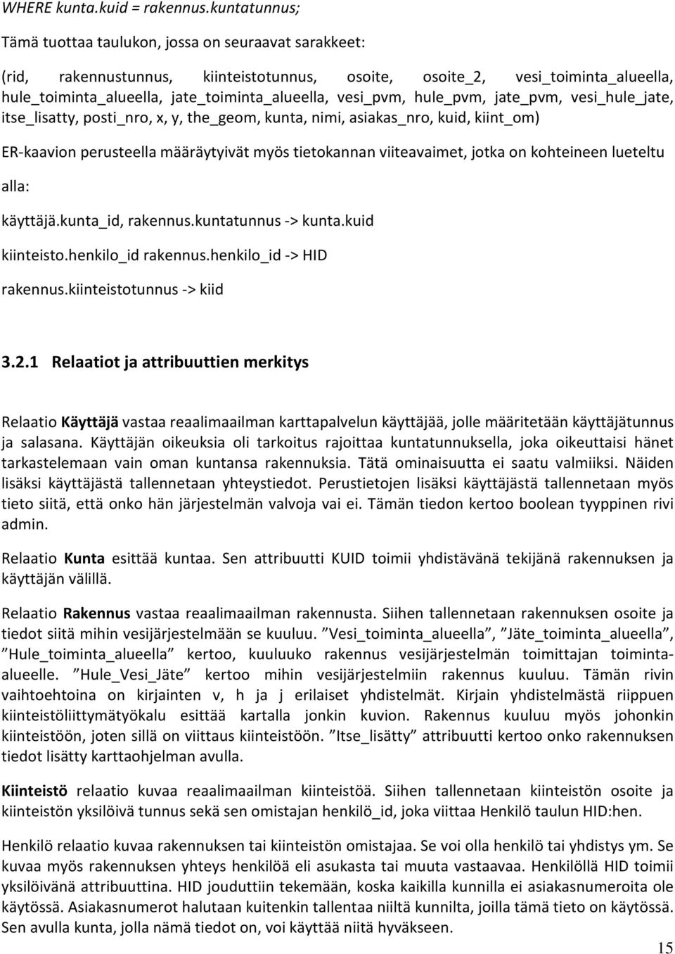 vesi_pvm, hule_pvm, jate_pvm, vesi_hule_jate, itse_lisatty, posti_nro, x, y, the_geom, kunta, nimi, asiakas_nro, kuid, kiint_om) ER-kaavion perusteella määräytyivät myös tietokannan viiteavaimet,