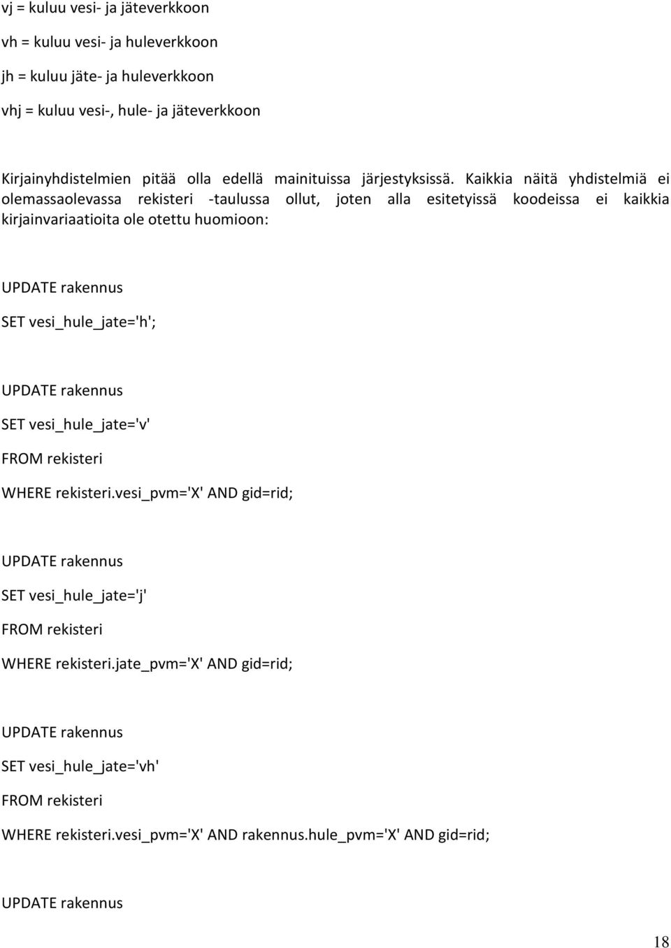 Kaikkia näitä yhdistelmiä ei olemassaolevassa rekisteri -taulussa ollut, joten alla esitetyissä koodeissa ei kaikkia kirjainvariaatioita ole otettu huomioon: UPDATE rakennus SET