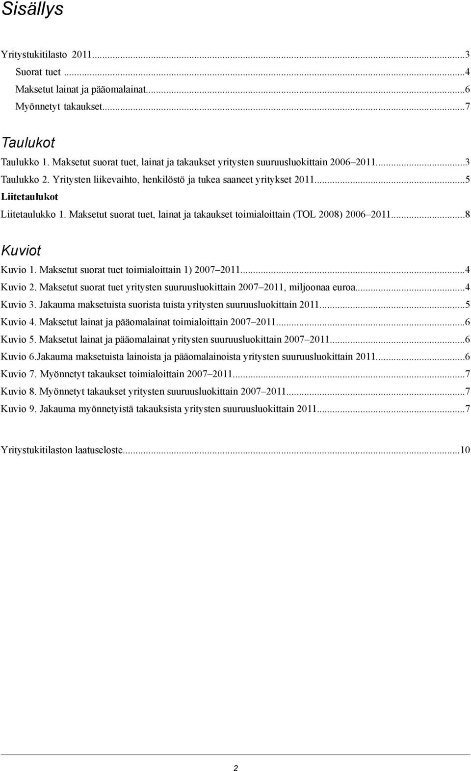 Maksetut suorat tuet, lainat ja takaukset toimialoittain (TOL 2008) 2006 2011...8 Kuviot Kuvio 1. Maksetut suorat tuet toimialoittain 1) 2007 2011...4 Kuvio 2.