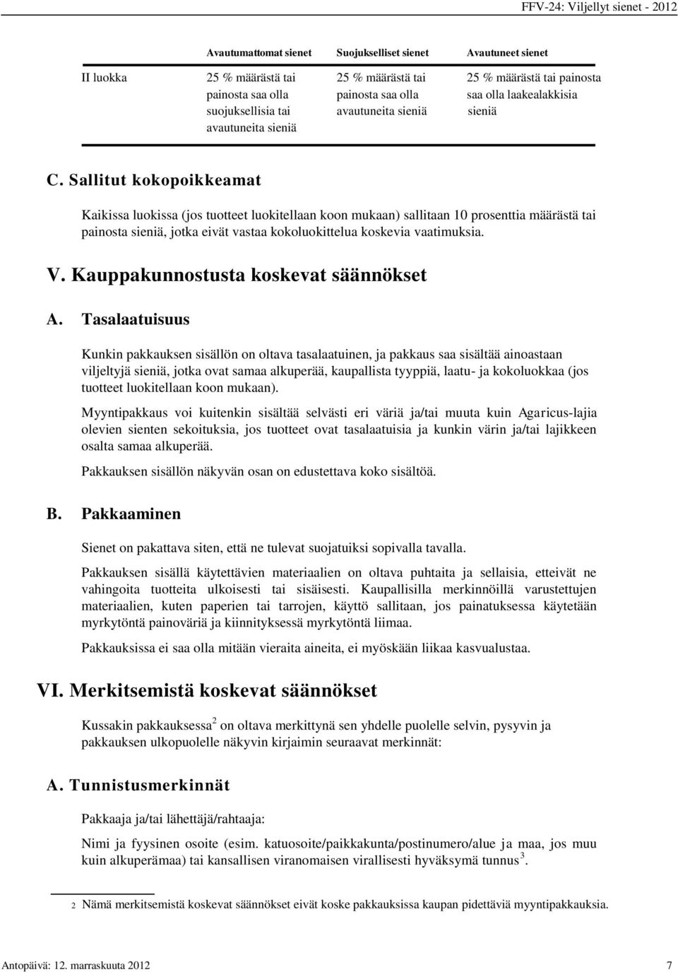 Sallitut kokopoikkeamat Kaikissa luokissa (jos tuotteet luokitellaan koon mukaan) sallitaan 10 prosenttia määrästä tai painosta sieniä, jotka eivät vastaa kokoluokittelua koskevia vaatimuksia. V.