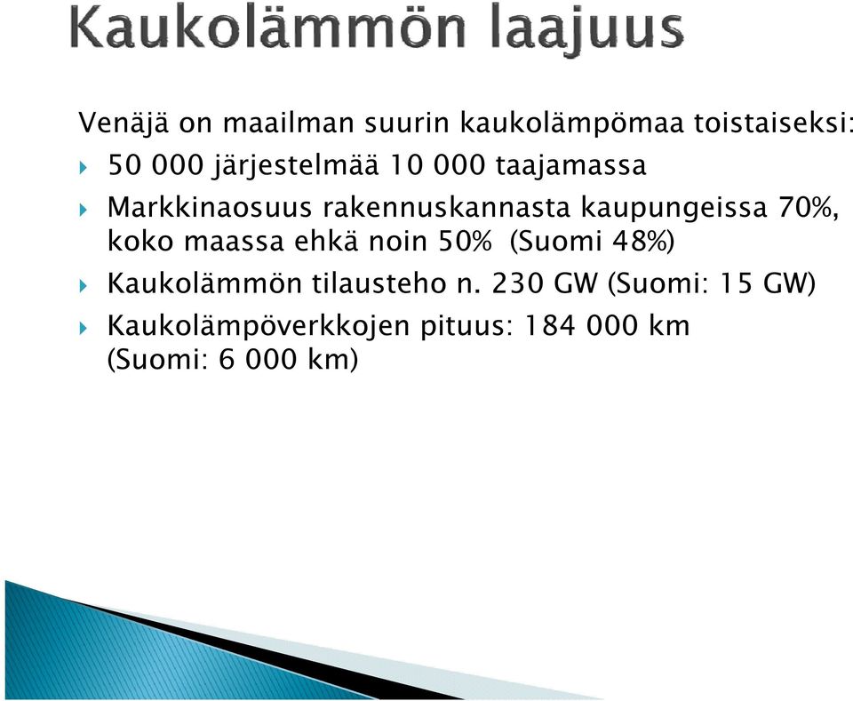 kaupungeissa 70%, koko maassa ehkä noin 50% (Suomi 48%) Kaukolämmön