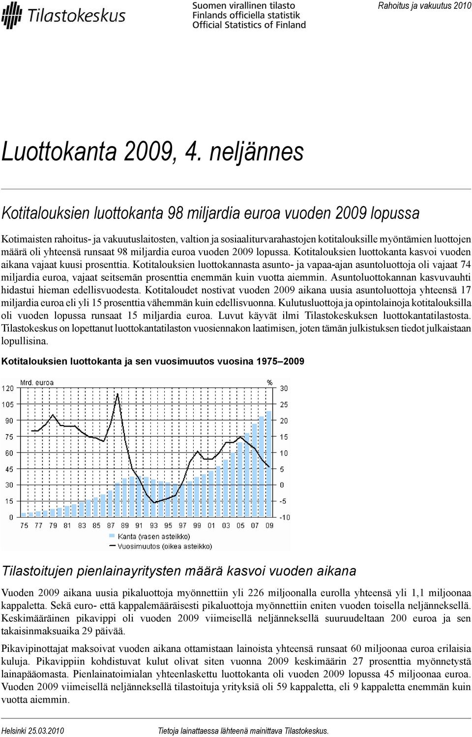 yhteensä runsaat 98 miljardia vuoden 2009 lopussa. Kotitalouksien luottokanta kasvoi vuoden aikana vajaat kuusi prosenttia.