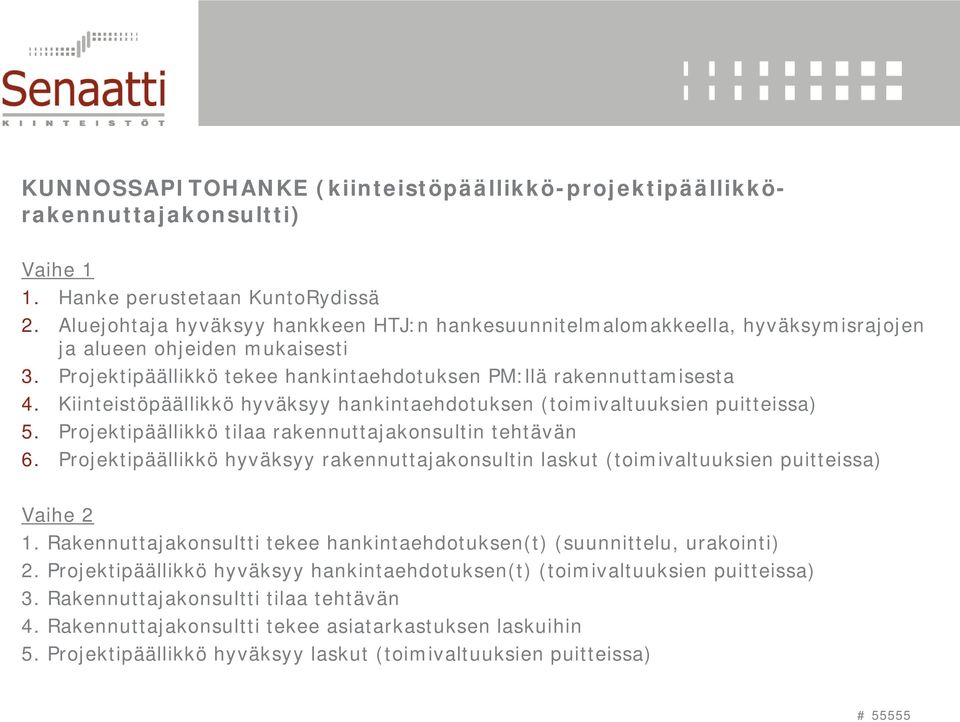 Kiinteistöpäällikkö hyväksyy hankintaehdotuksen (toimivaltuuksien puitteissa) 5. Projektipäällikkö tilaa rakennuttajakonsultin tehtävän 6.