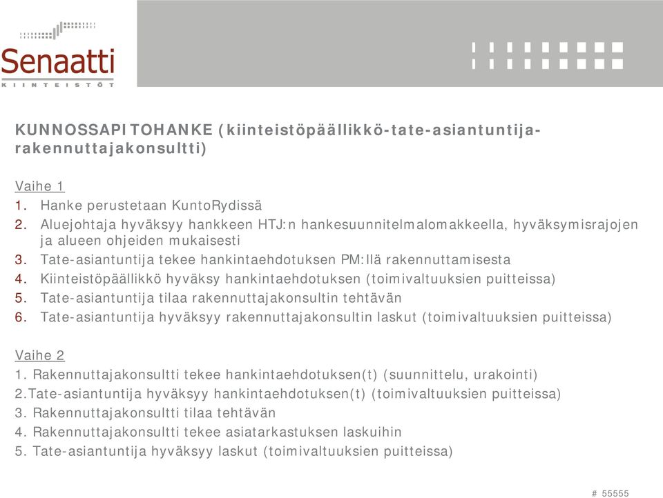 Kiinteistöpäällikkö hyväksy hankintaehdotuksen (toimivaltuuksien puitteissa) 5. Tate-asiantuntija tilaa rakennuttajakonsultin tehtävän 6.