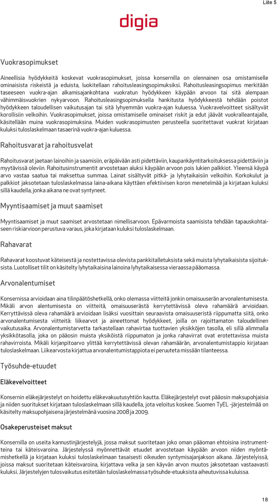 Rahoitusleasingsopimuksella hankitusta hyödykkeestä tehdään poistot hyödykkeen taloudellisen vaikutusajan tai sitä lyhyemmän vuokra-ajan kuluessa. Vuokravelvoitteet sisältyvät korollisiin velkoihin.