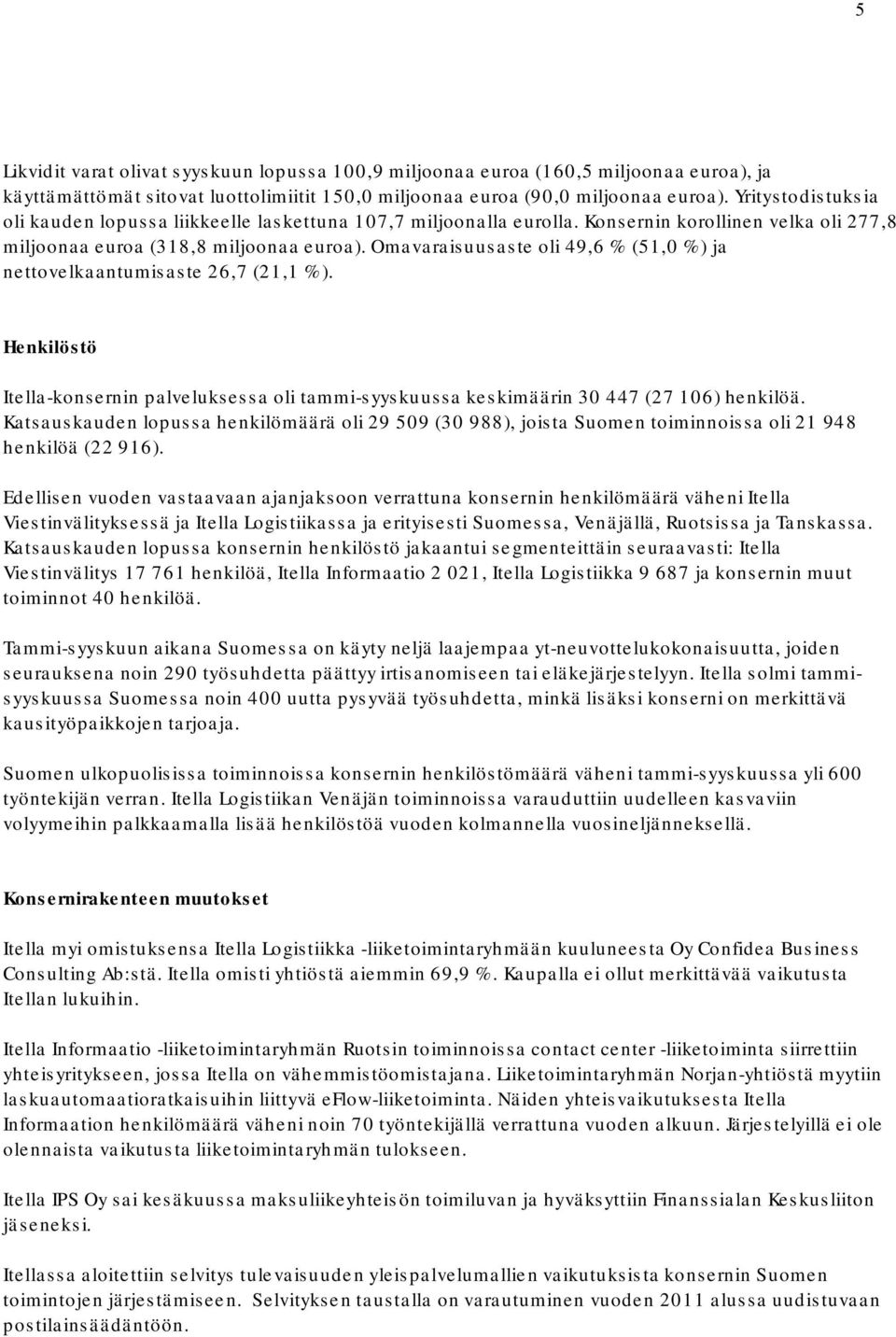 Omavaraisuusaste oli 49,6 % (51,0 %) ja nettovelkaantumisaste 26,7 (21,1 %). Henkilöstö Itella konsernin palveluksessa oli tammi syyskuussa keskimäärin 30 447 (27 106) henkilöä.