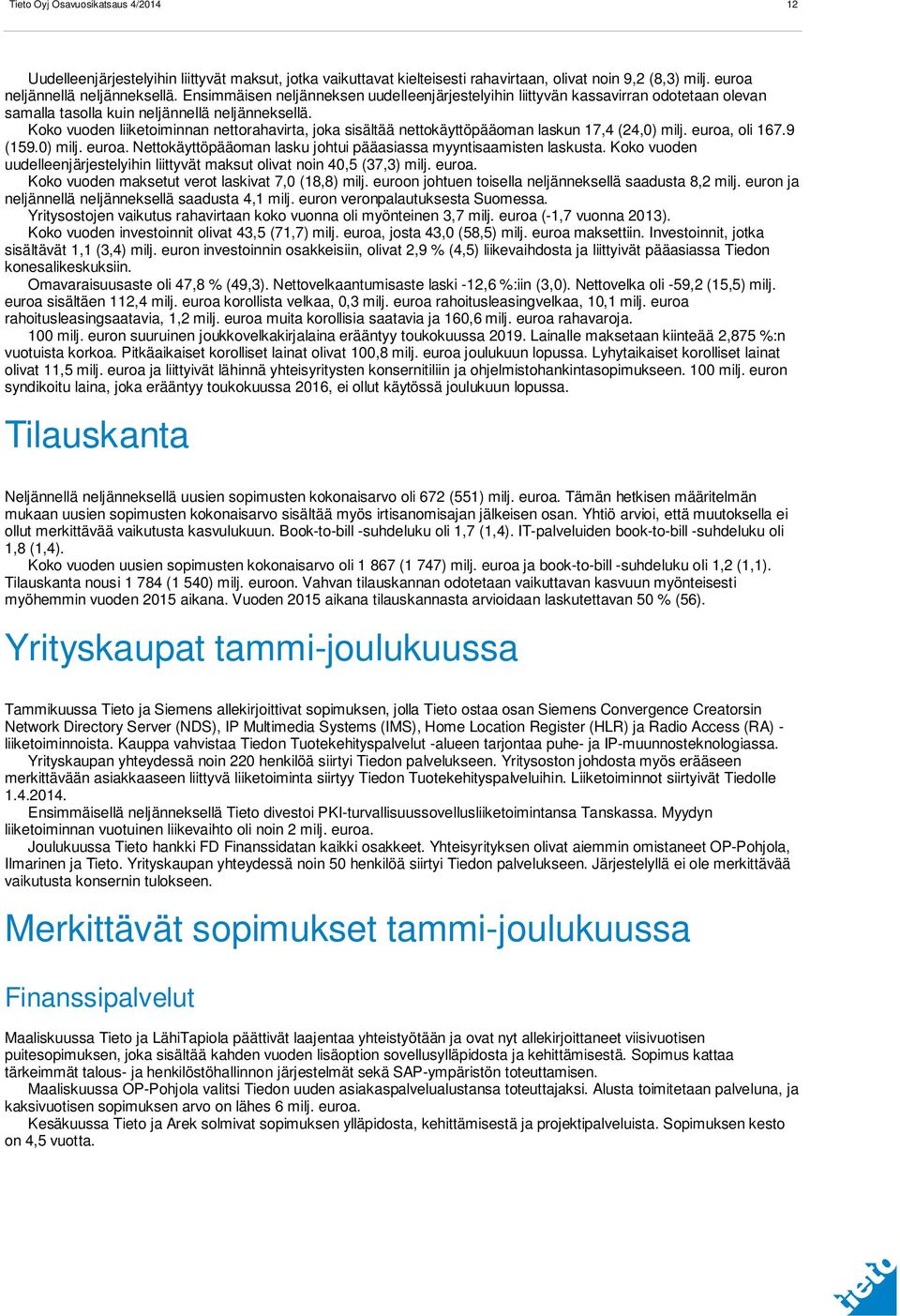 Koko vuoden liiketoiminnan nettorahavirta, joka sisältää nettokäyttöpääoman laskun 17,4 (24,0) milj. euroa, oli 167.9 (159.0) milj. euroa. Nettokäyttöpääoman lasku johtui pääasiassa myyntisaamisten laskusta.