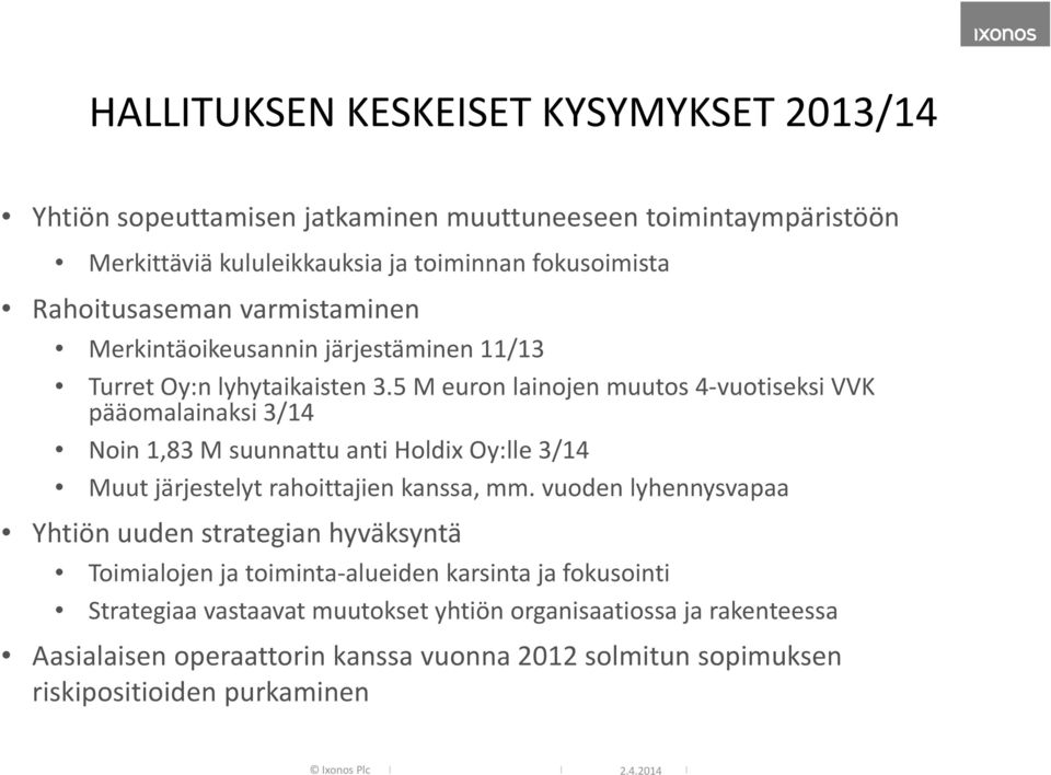 5 M euron lainojen muutos 4 vuotiseksi VVK pääomalainaksi 3/14 Noin 1,83 M suunnattu anti Holdix Oy:lle 3/14 Muut järjestelyt rahoittajien kanssa, mm.