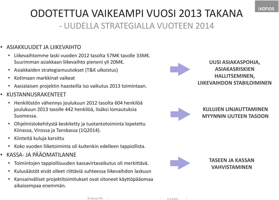 KUSTANNUSRAKENTEET Henkilöstön vähennys joulukuun 2012 tasolta 604 henkilöä joulukuun 2013 tasolle 442 henkilöä, lisäksi lomautuksia Suomessa.