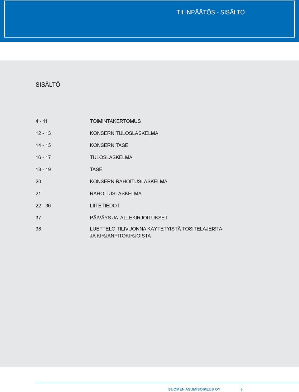 RAHOITUSLASKELMA 22-36 LIITETIEDOT 37 PÄIVÄYS JA ALLEKIRJOITUKSET 38 LUETTELO