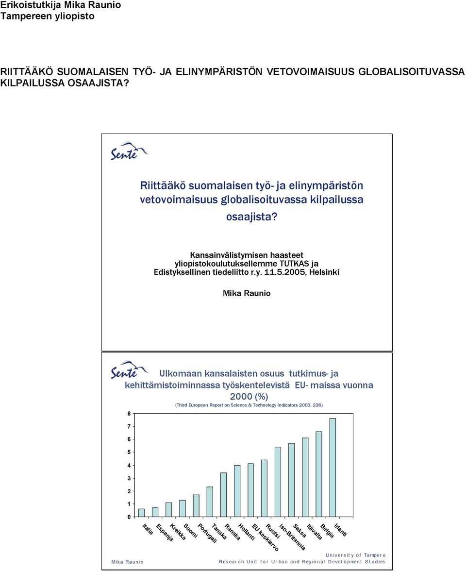 5.2005, Helsinki Mika Raunio Ulkomaan kansalaisten osuus tutkimus- ja kehittämistoiminnassa työskentelevistä EU- maissa vuonna 2000 (%) (Third European Report on Science & Technology Indicators 2003,