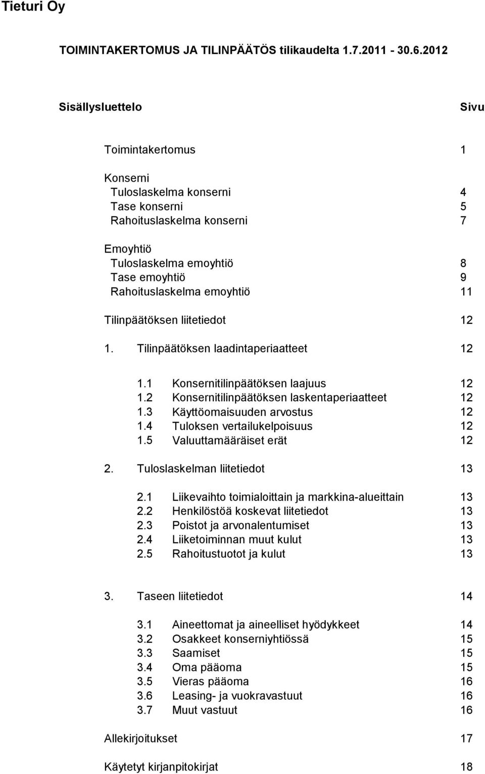 11 Tilinpäätöksen liitetiedot 12 1. Tilinpäätöksen laadintaperiaatteet 12 1.1 Konsernitilinpäätöksen laajuus 12 1.2 Konsernitilinpäätöksen laskentaperiaatteet 12 1.3 Käyttöomaisuuden arvostus 12 1.