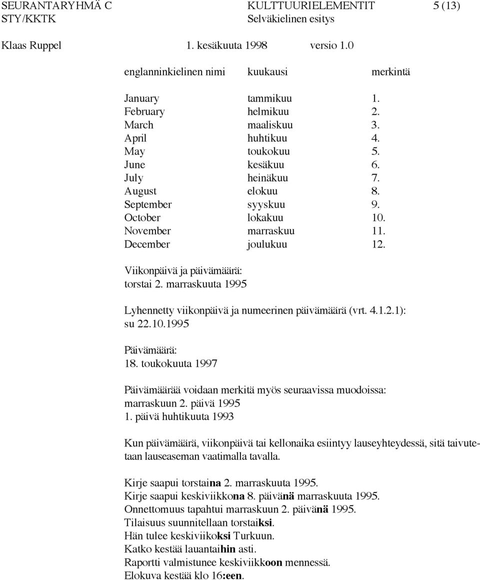 marraskuuta 1995 Lyhennetty viikonpäivä ja numeerinen päivämäärä (vrt. 4.1.2.1): su 22.10.1995 Päivämäärä: 18. toukokuuta 1997 Päivämäärää voidaan merkitä myös seuraavissa muodoissa: marraskuun 2.