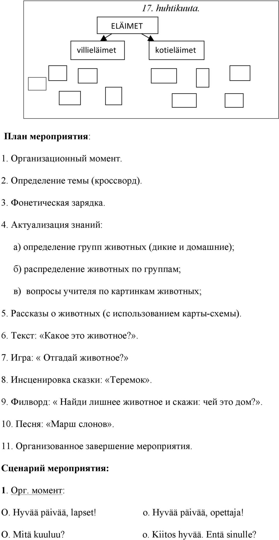 Рассказы о животных (с использованием карты-схемы). 6. Текст: «Какое это животное?». 7. Игра: «Отгадай животное?» 8. Инсценировка сказки: «Теремок». 9.