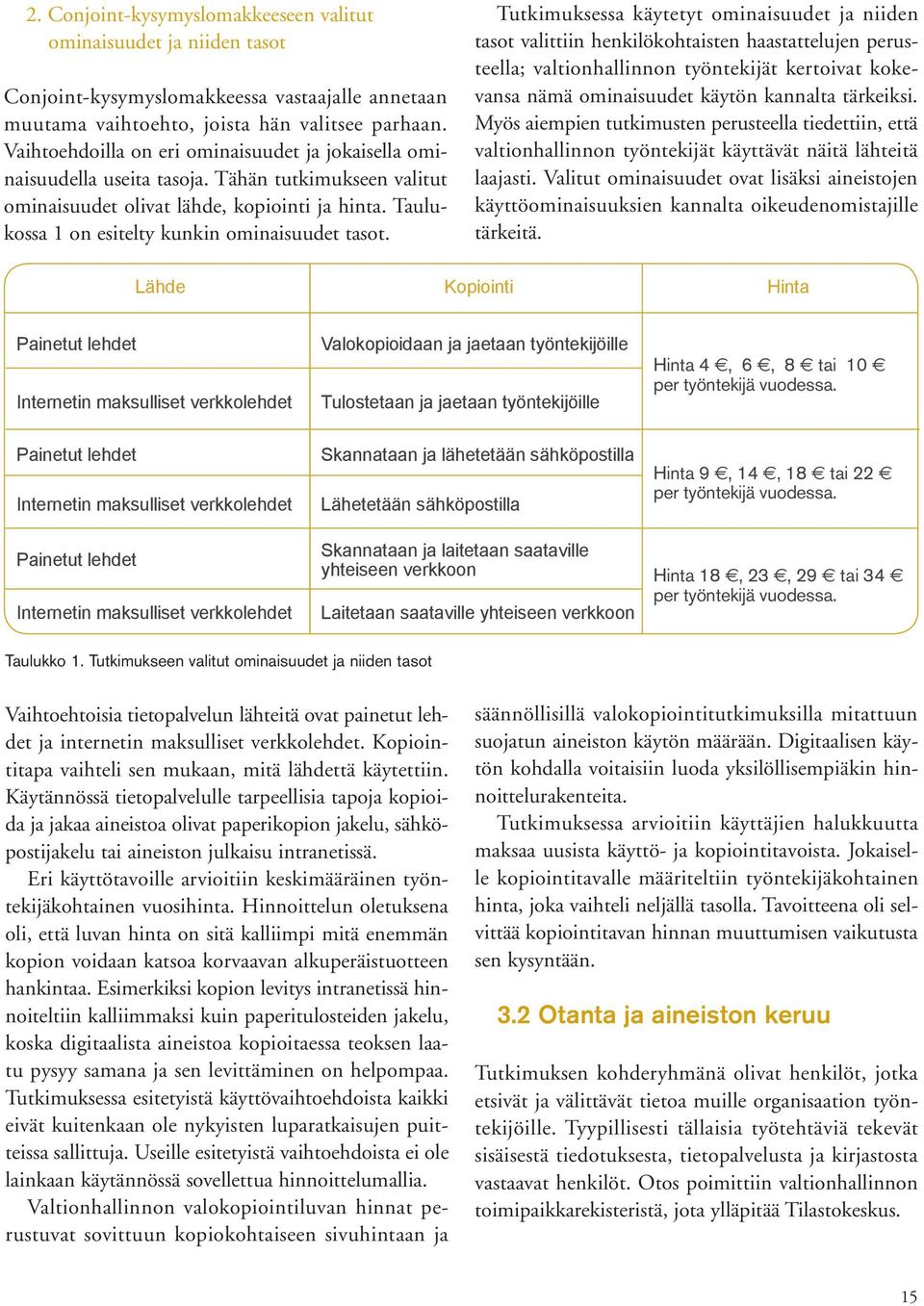 Taulukossa 1 on esitelty kunkin ominaisuudet tasot.