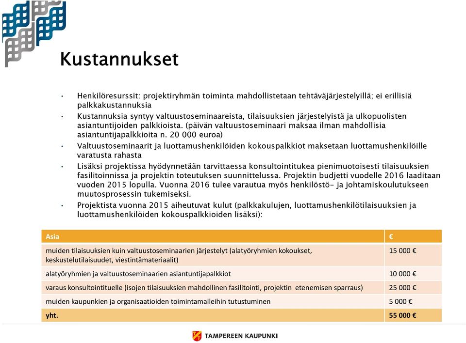 20 000 euroa) Valtuustoseminaarit ja luottamushenkilöiden kokouspalkkiot maksetaan luottamushenkilöille varatusta rahasta Lisäksi projektissa hyödynnetään tarvittaessa konsultointitukea