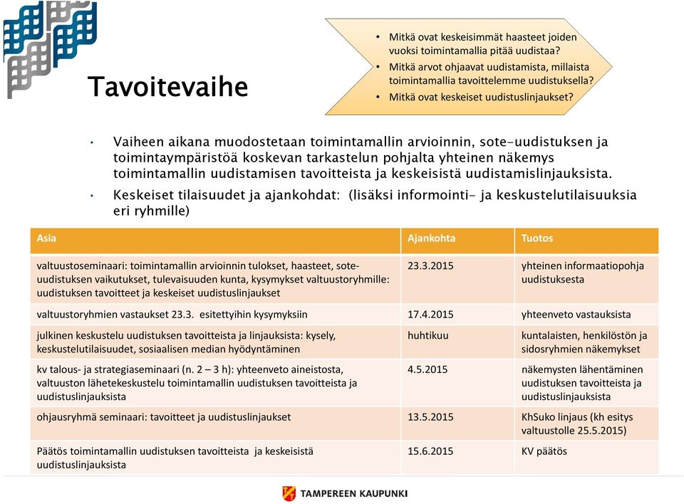 Vaiheen aikana muodostetaan toimintamallin arvioinnin, sote-uudistuksen ja toimintaympäristöä koskevan tarkastelun pohjalta yhteinen näkemys toimintamallin uudistamisen tavoitteista ja keskeisistä