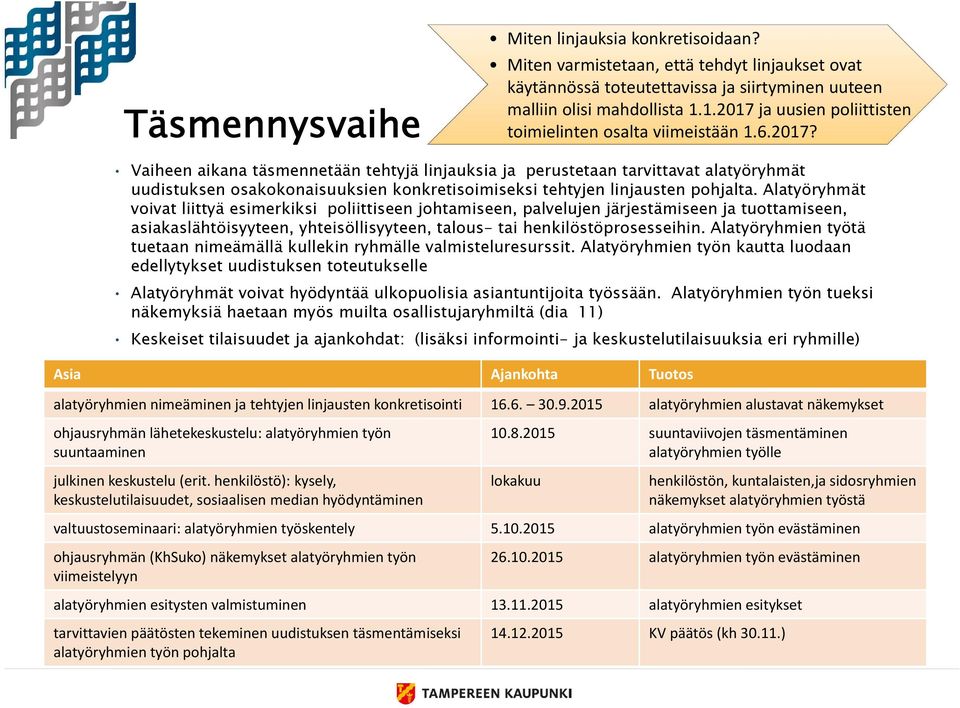Alatyöryhmät voivat liittyä esimerkiksi poliittiseen johtamiseen, palvelujen järjestämiseen ja tuottamiseen, asiakaslähtöisyyteen, yhteisöllisyyteen, talous- tai henkilöstöprosesseihin.
