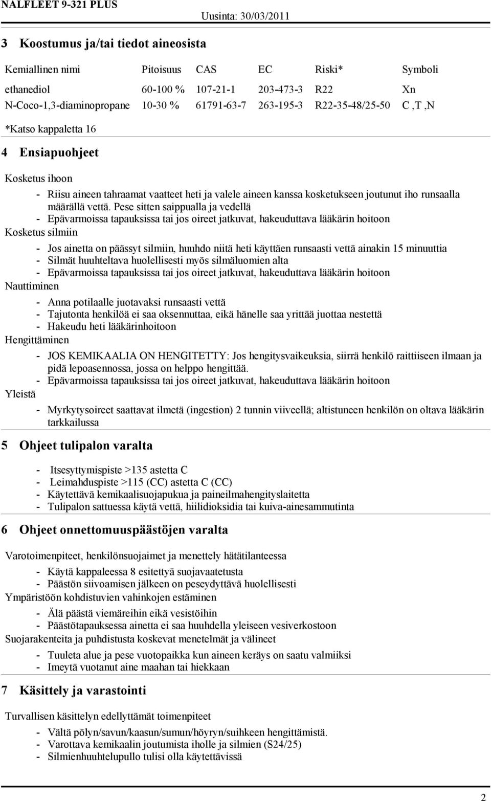 Pese sitten saippualla ja vedellä Kosketus silmiin - Jos ainetta on päässyt silmiin, huuhdo niitä heti käyttäen runsaasti vettä ainakin 15 minuuttia - Silmät huuhteltava huolellisesti myös