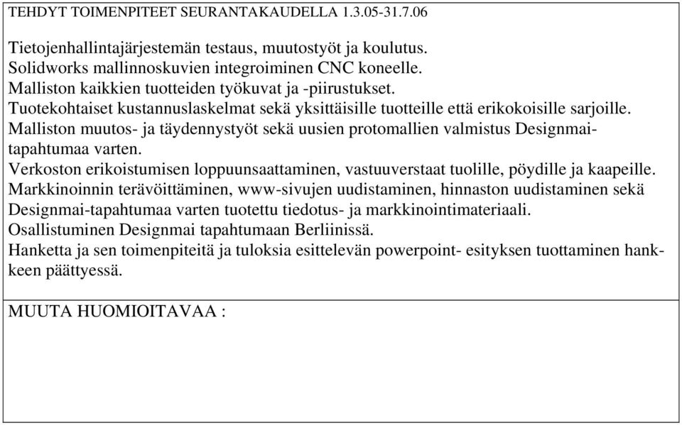 Malliston muutos- ja täydennystyöt sekä uusien protomallien valmistus Designmaitapahtumaa varten. Verkoston erikoistumisen loppuunsaattaminen, vastuuverstaat tuolille, pöydille ja kaapeille.