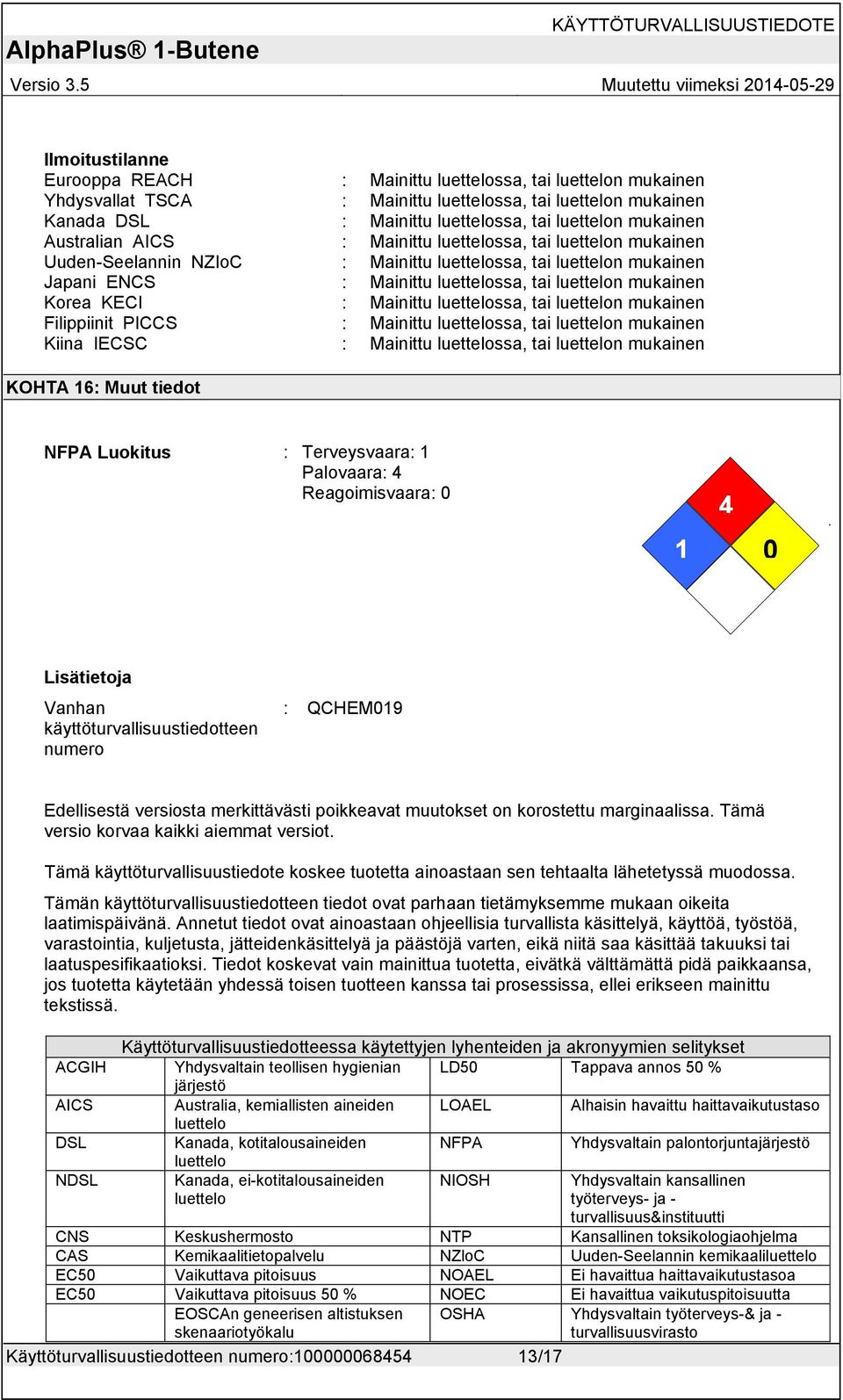 KECI : Mainittu luettelossa, tai luettelon mukainen Filippiinit PICCS : Mainittu luettelossa, tai luettelon mukainen Kiina IECSC : Mainittu luettelossa, tai luettelon mukainen KOHTA 16: Muut tiedot