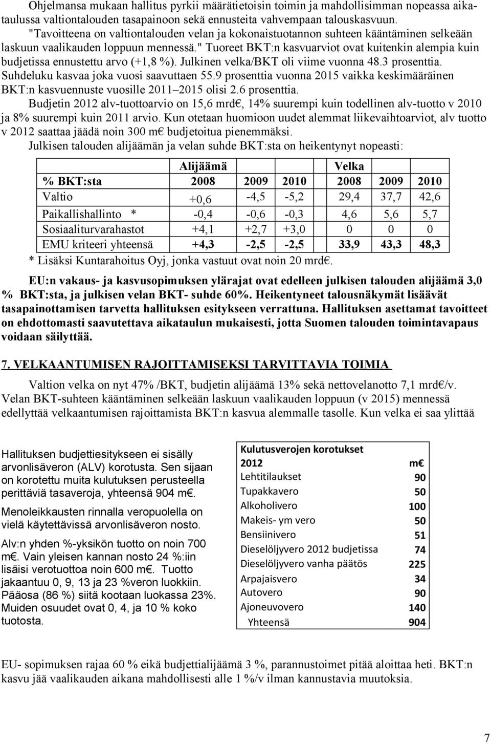 " Tuoreet BKT:n kasvuarviot ovat kuitenkin alempia kuin budjetissa ennustettu arvo (+1,8 %). Julkinen velka/bkt oli viime vuonna 48.3 prosenttia. Suhdeluku kasvaa joka vuosi saavuttaen 55.