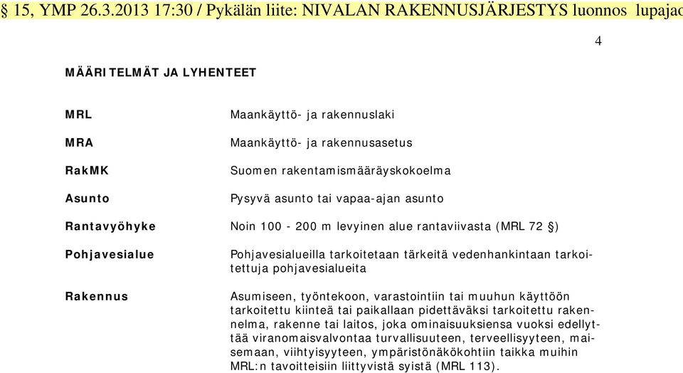 rakentamismääräyskokoelma Pysyvä asunto tai vapaa-ajan asunto Rantavyöhyke Noin 100-200 m levyinen alue rantaviivasta (MRL 72 ) Pohjavesialue Rakennus Pohjavesialueilla tarkoitetaan tärkeitä