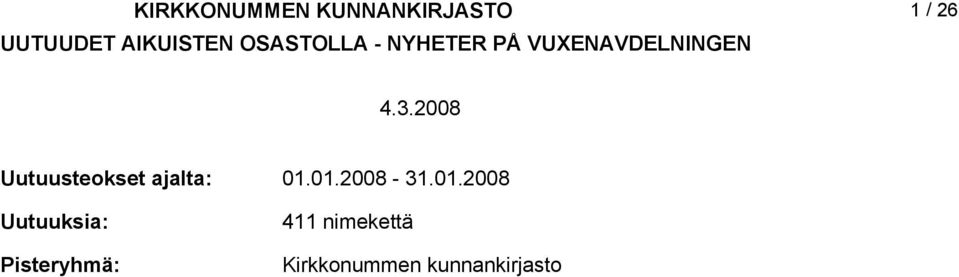 2008 Uutuusteokset ajalta: Uutuuksia: Pisteryhmä: