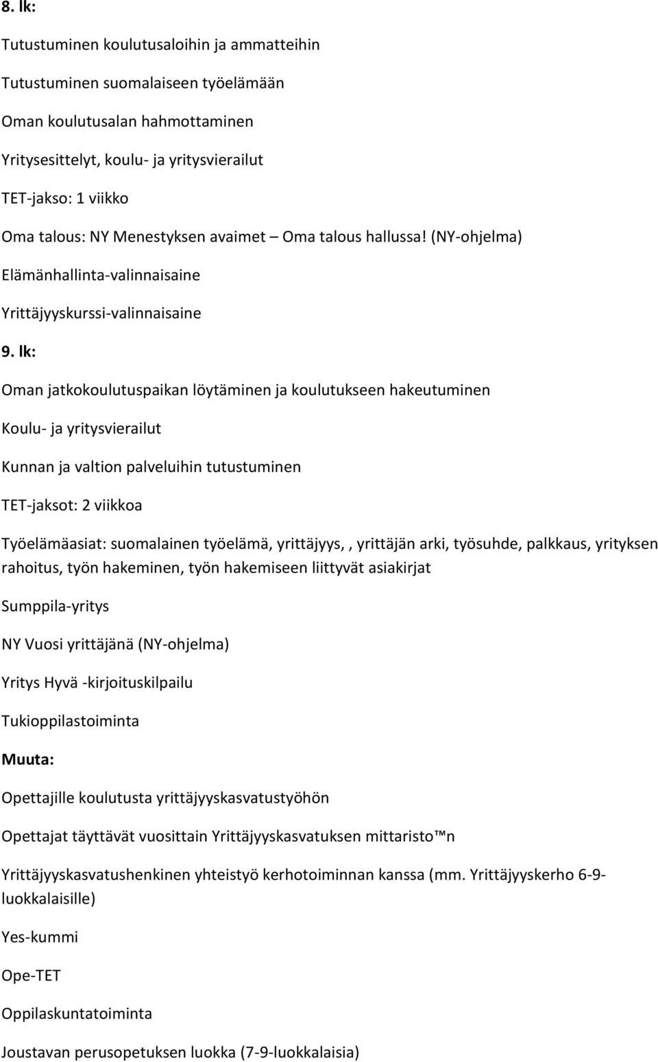 lk: Oman jatkokoulutuspaikan löytäminen ja koulutukseen hakeutuminen Koulu- ja yritysvierailut Kunnan ja valtion palveluihin tutustuminen TET-jaksot: 2 viikkoa Työelämäasiat: suomalainen työelämä,